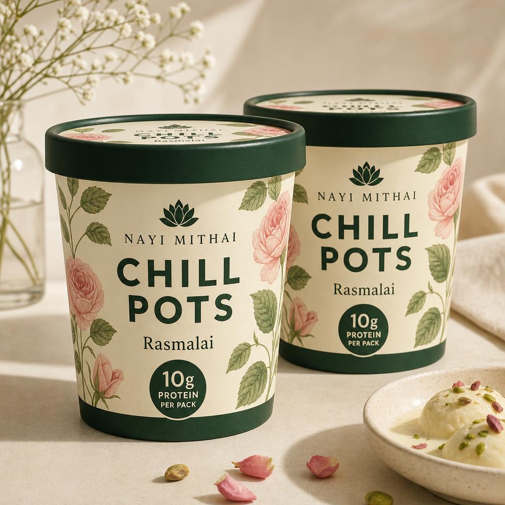 Chill Pots concept — Rasmalai, kheer and shrikhand-style protein desserts, chilled and spoonable.