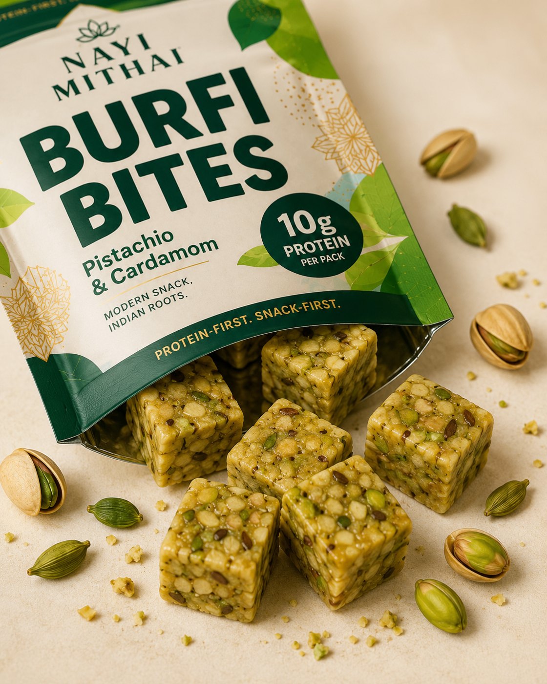 NAYI MITHAI Pistachio and Cardamom Barfi Bites pouch with bites spilling out