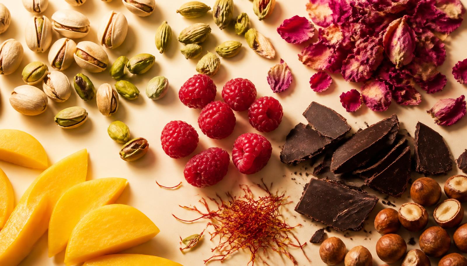 Pistachios, cardamom pods, rose petals, raspberries, mango, saffron, chocolate and hazelnuts