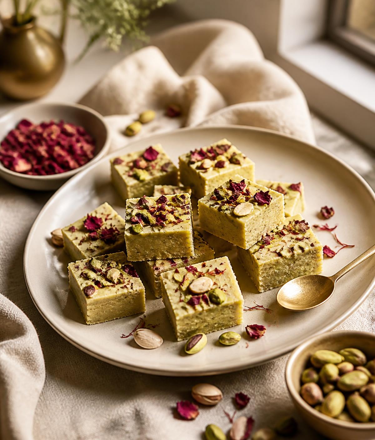 Pistachio barfi bites on premium crockery with pistachios, rose petals and saffron