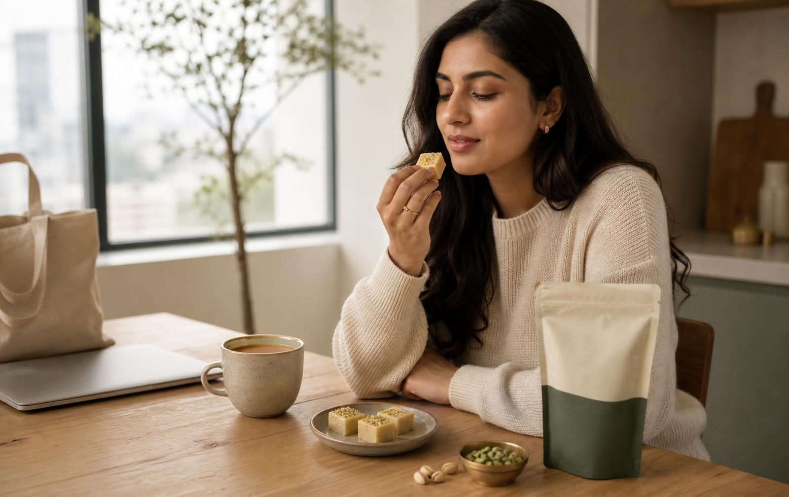 Enjoying a NAYI MITHAI Barfi Bite at home — a modern take on Indian tradition
